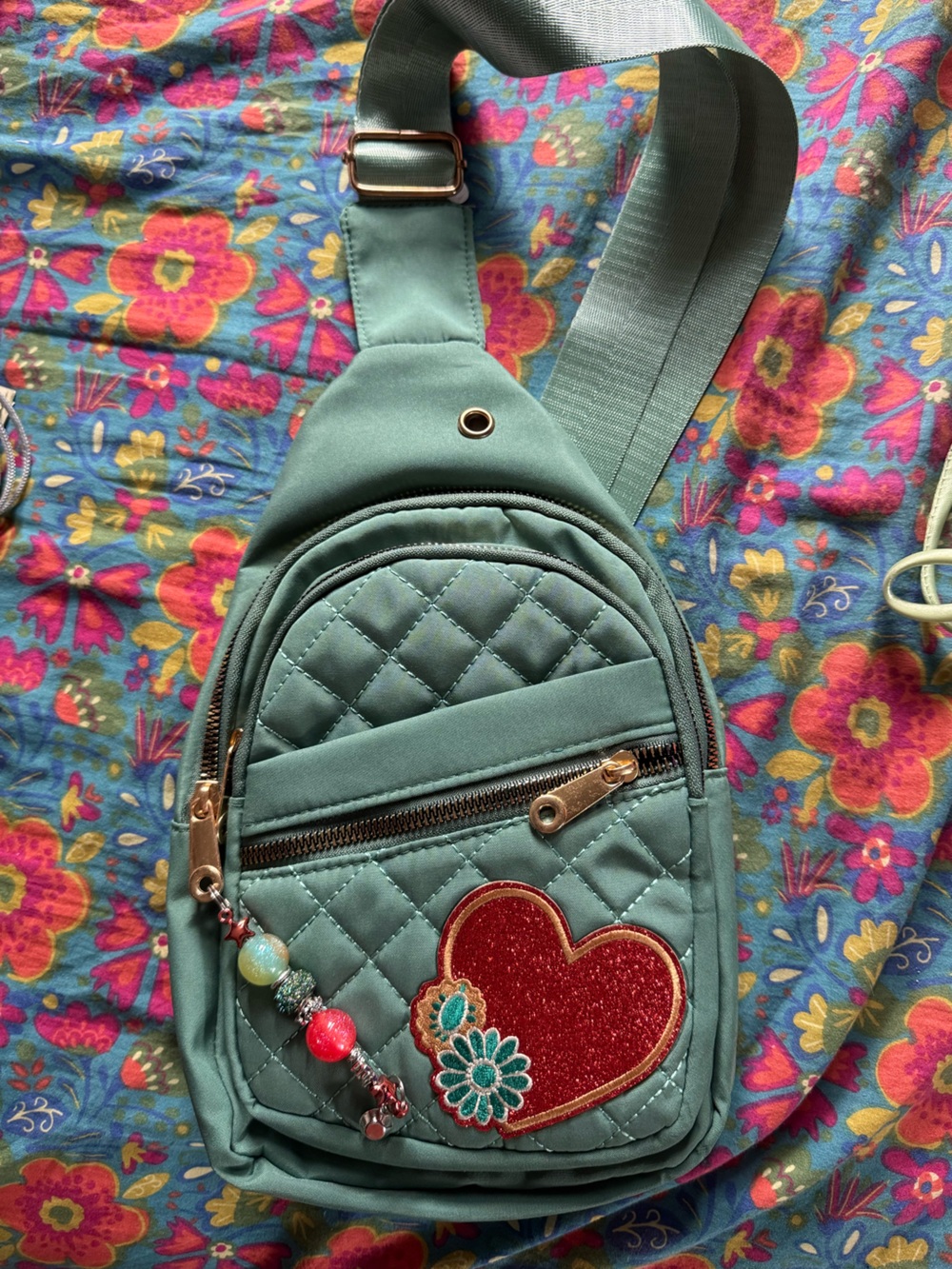Handmade Quilted Teal Crossbody Sling Bag with Heart Patch and handmade keychain